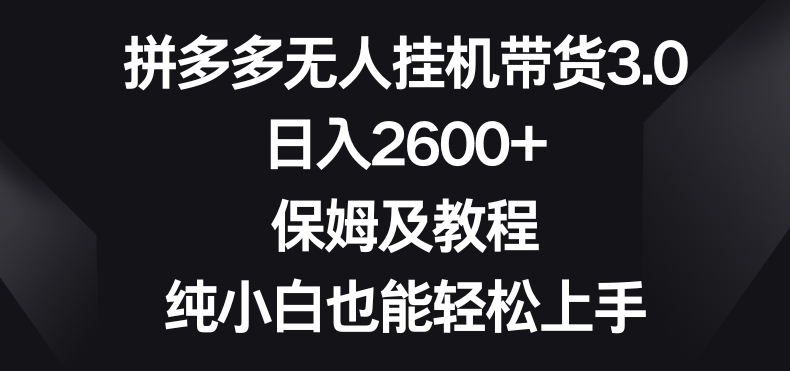拼多多无人挂JI带货3.0高收益玩法，日入2600+，保姆及教程，纯小白也能轻松上手