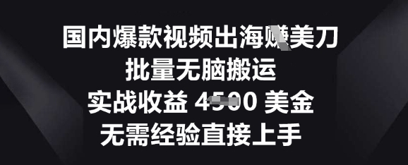 国内爆款视频出海挣美刀，批量无脑搬运，实战收益4.5k，无需经验直接上手