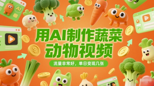 用AI制作蔬菜动物视频，流量非常好，单日变现几张